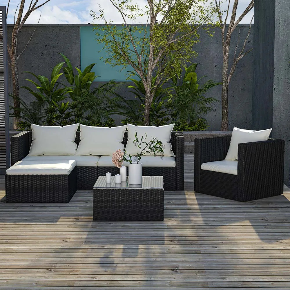 bigzzia 4pcs Patio Rattan furniture Rattan Garden Furniture Set sofa Weaving Wicker includes Armchair Double seat Sofa and table