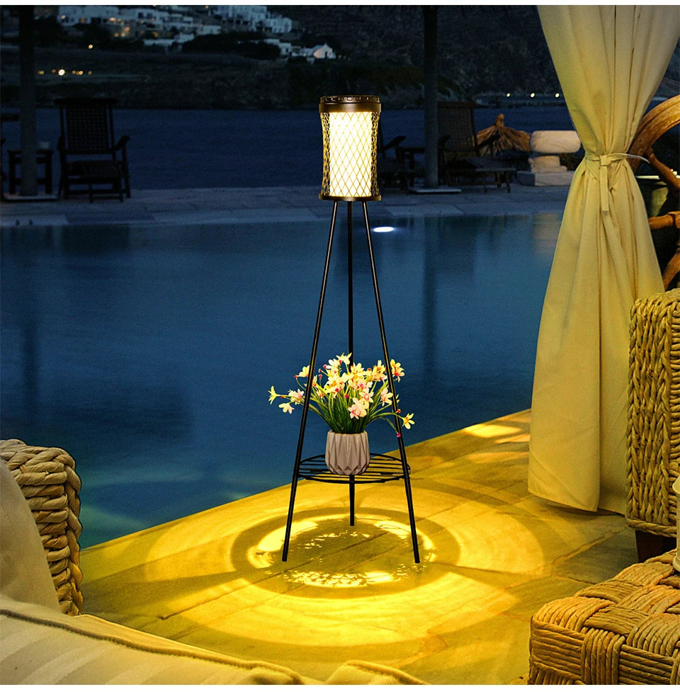 Solar Floor Lights Outdoor with Plant Stands Waterproof Street Lamps Metal Tripod Deck Landscape Lighting for Patio Porch Garden