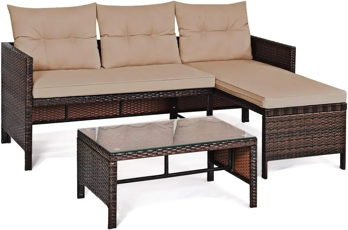Rattan Garden Furniture Set, Outdoor L-Shaped Corner Sofa Set with Chaise Lounge, All-Weather Wicker Sectional Table Chairs