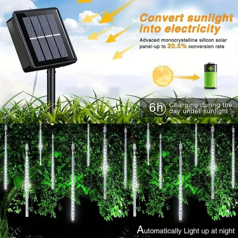 1pc Solar 30cm Meteor Rain String Lights Meteor Shower 8 Tubes 192LEDs,Waterproof Falling Raindrop Fairy Lights