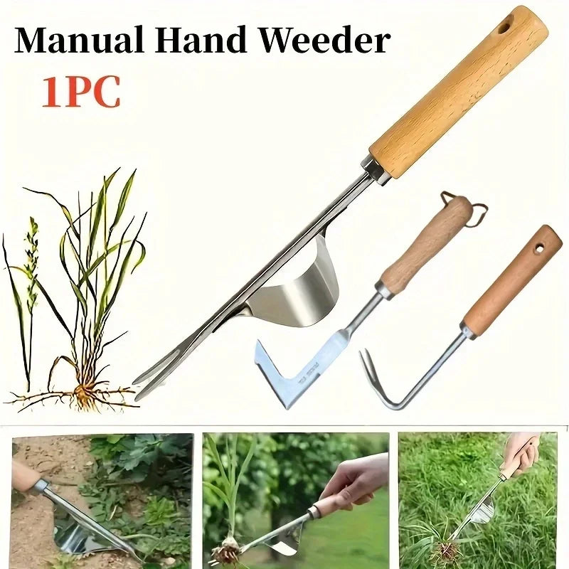 Stainless Steel Wood Handle Garden Weeder Hand Weeding Removal Cutter Puller Tools Multifunction Weeder Transplant Garden Tools