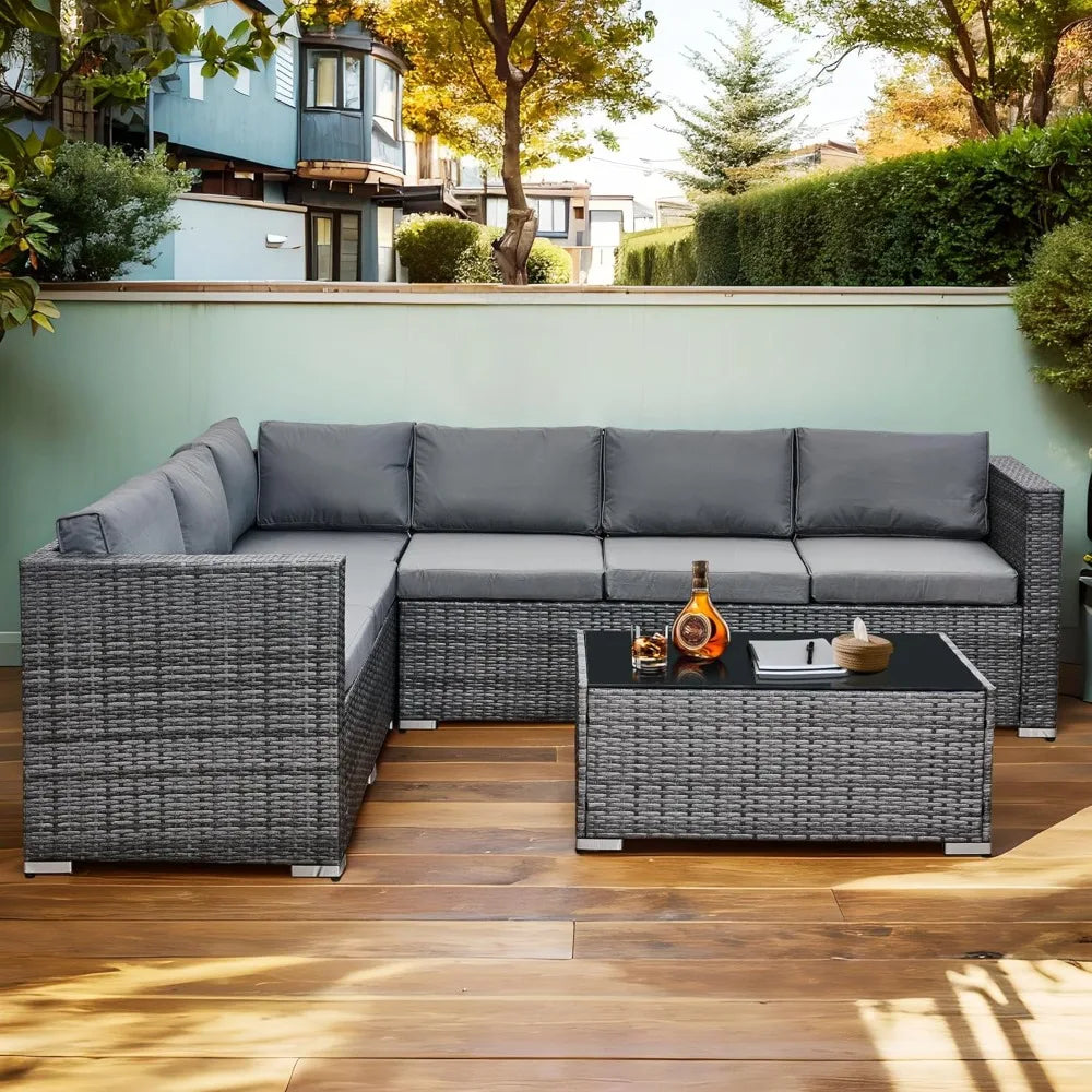 6-Seater Rattan Garden Furniture Set, Rattan Garden Corner Sofa Set, Aluminium Frame, with Glass Table, Grey