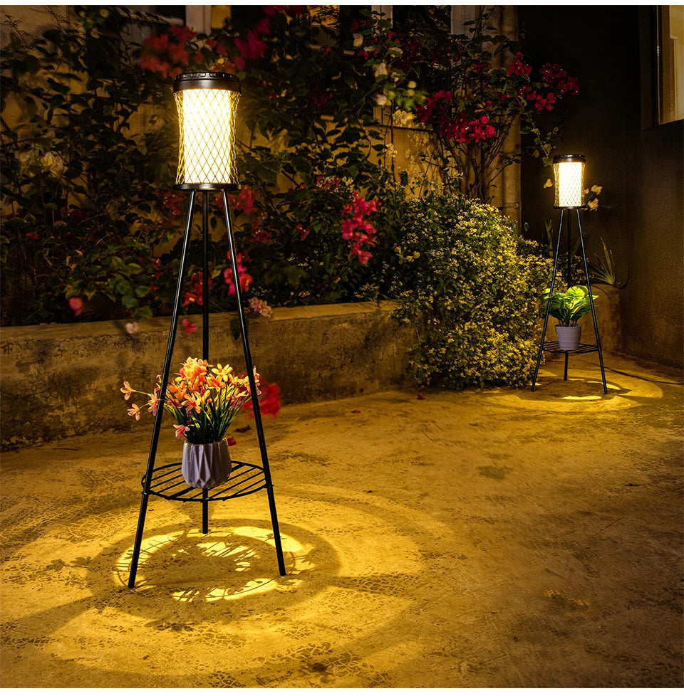 Solar Floor Lights Outdoor with Plant Stands Waterproof Street Lamps Metal Tripod Deck Landscape Lighting for Patio Porch Garden