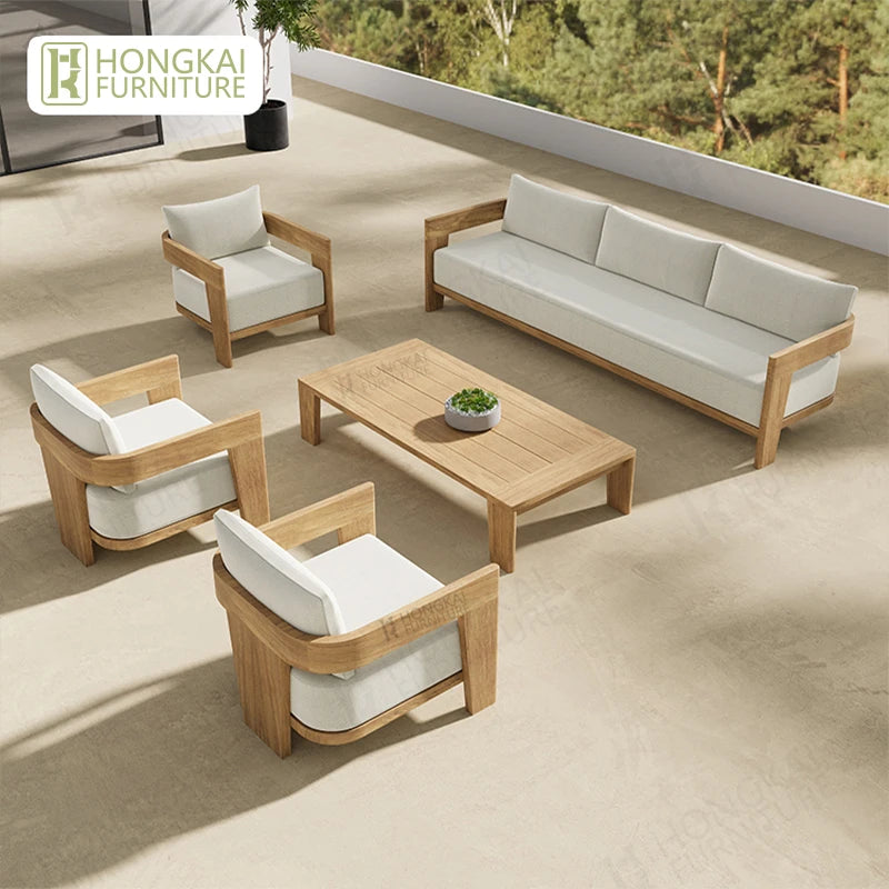 Outdoor Furniture Solid Wood Sofa and Coffee Table Set Paito Teak Sectional Sofa Teak Wood Garden Sofa Set