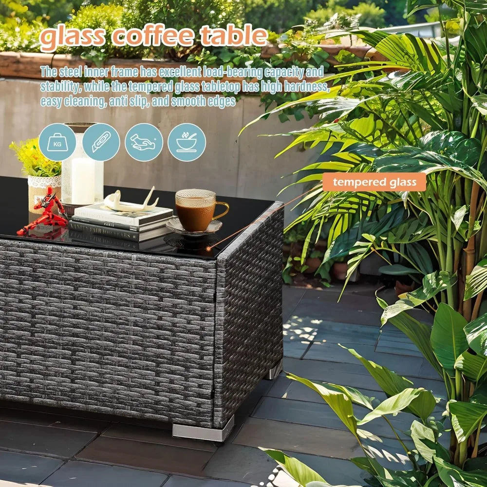 6-Seater Rattan Garden Furniture Set, Rattan Garden Corner Sofa Set, Aluminium Frame, with Glass Table, Grey