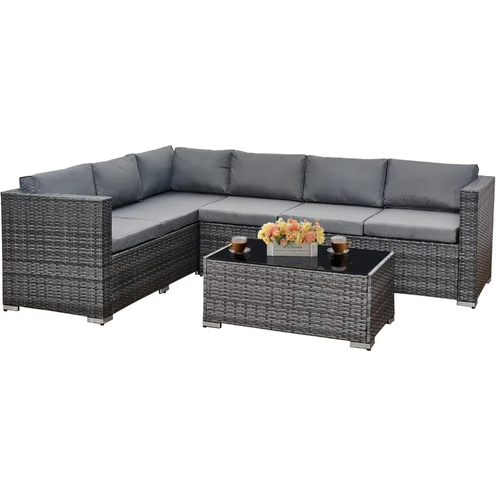 6-Seater Rattan Garden Furniture Set, Rattan Garden Corner Sofa Set, Aluminium Frame, with Glass Table, Grey