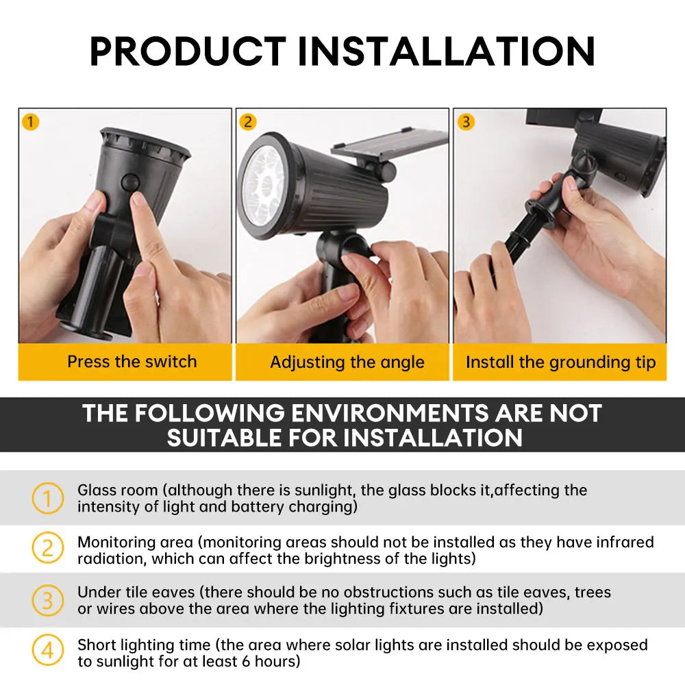 Outdoor Solar Spotlight 9LEDs Brightness Adjustable Spot Lights IP65 Waterproof Solar Spotlight for Garden Patios Porches