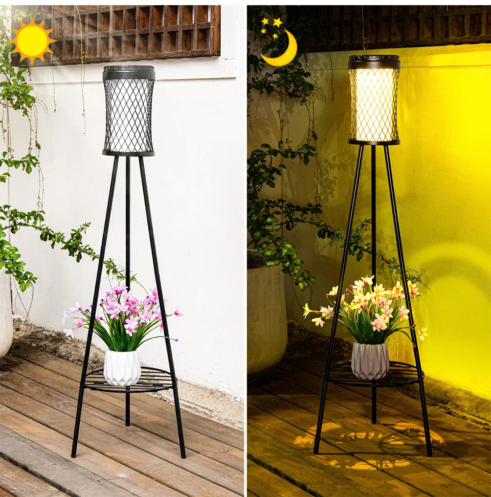 Solar Floor Lights Outdoor with Plant Stands Waterproof Street Lamps Metal Tripod Deck Landscape Lighting for Patio Porch Garden