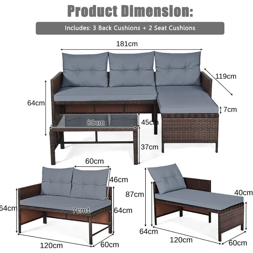 Rattan Garden Furniture Set, Outdoor L-Shaped Corner Sofa Set with Chaise Lounge, All-Weather Wicker Sectional Table Chairs