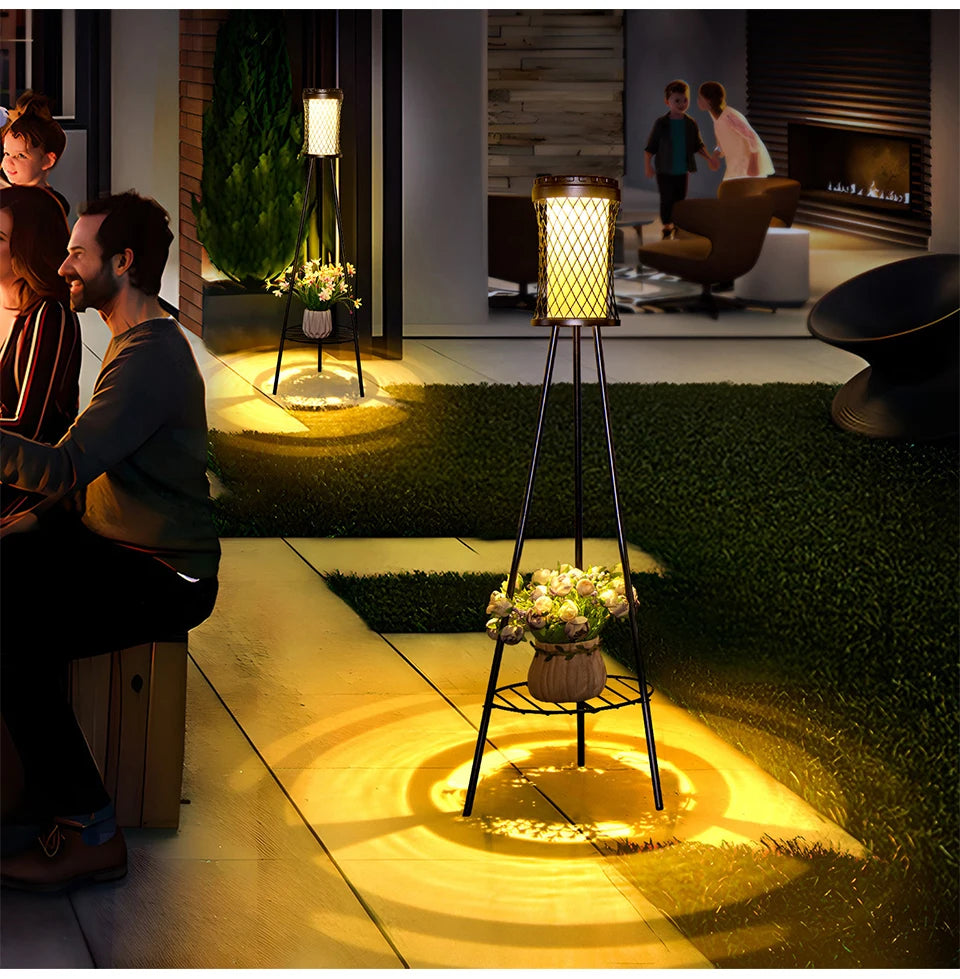 Solar Floor Lights Outdoor with Plant Stands Waterproof Street Lamps Metal Tripod Deck Landscape Lighting for Patio Porch Garden