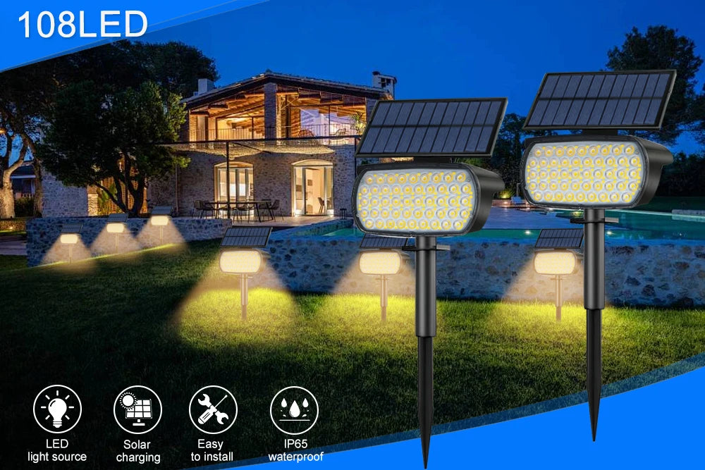 72 LED Solar Spotlights Outdoor Landscape Waterproof 108/136 LEDS Solar Powered Wall Light Auto On/Off for Yard Garden Pathway