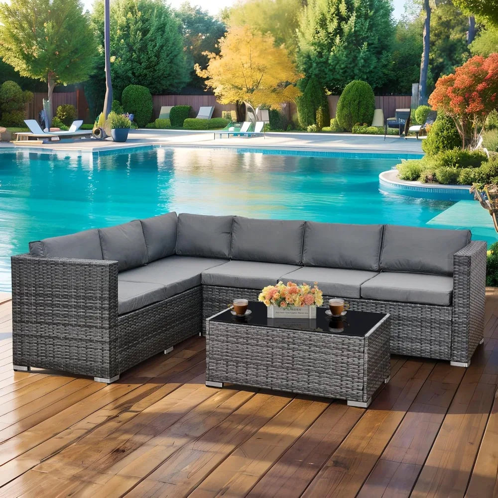 6-Seater Rattan Garden Furniture Set, Rattan Garden Corner Sofa Set, Aluminium Frame, with Glass Table, Grey