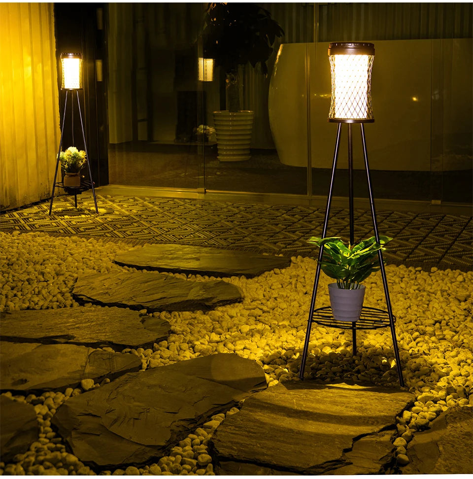Solar Floor Lights Outdoor with Plant Stands Waterproof Street Lamps Metal Tripod Deck Landscape Lighting for Patio Porch Garden