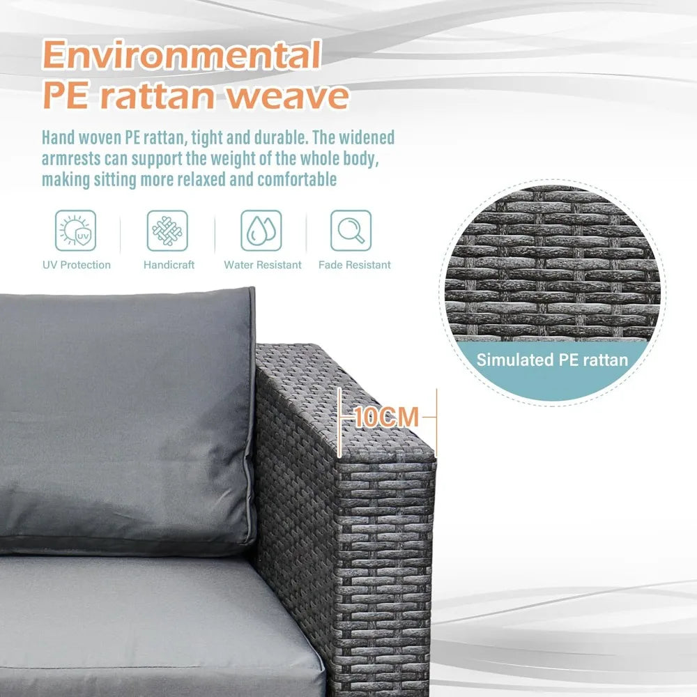 6-Seater Rattan Garden Furniture Set, Rattan Garden Corner Sofa Set, Aluminium Frame, with Glass Table, Grey