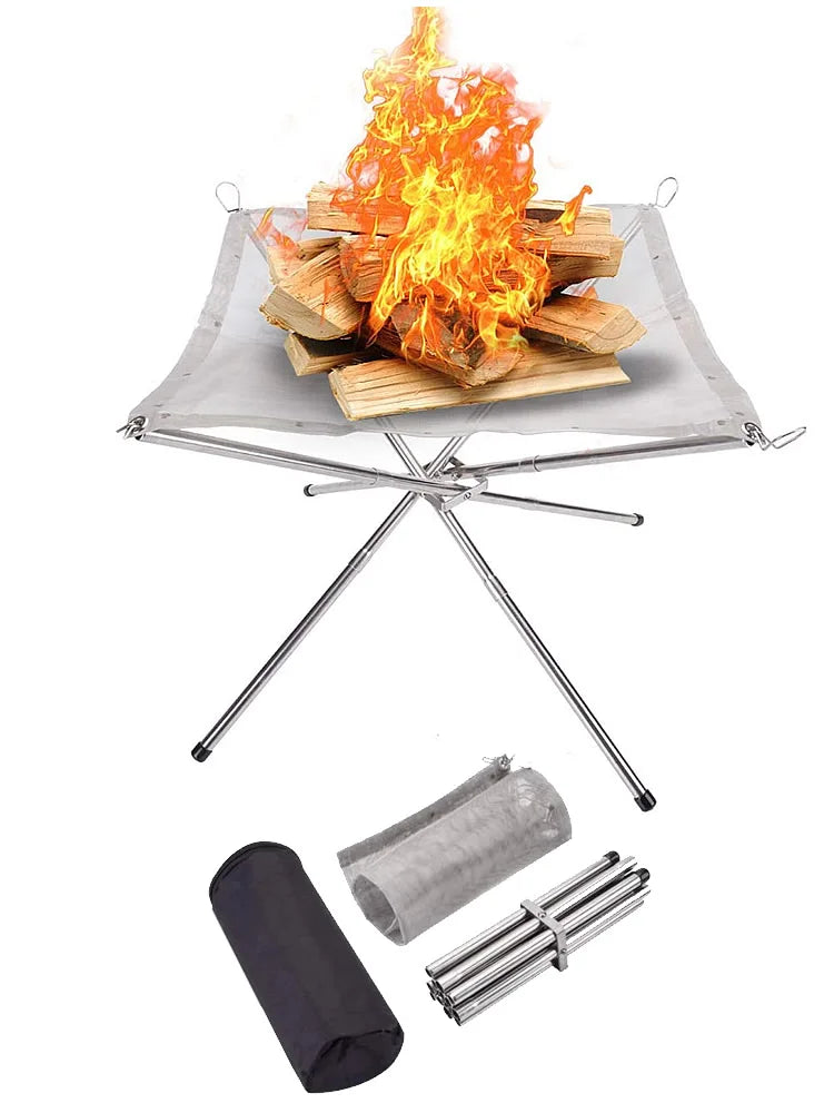 Lighten up Fire Pit Burning Rack Camping Stainless Steel Mesh Fireplace Foldable Stove BBQ Grill Patio With Replace Grilled Net