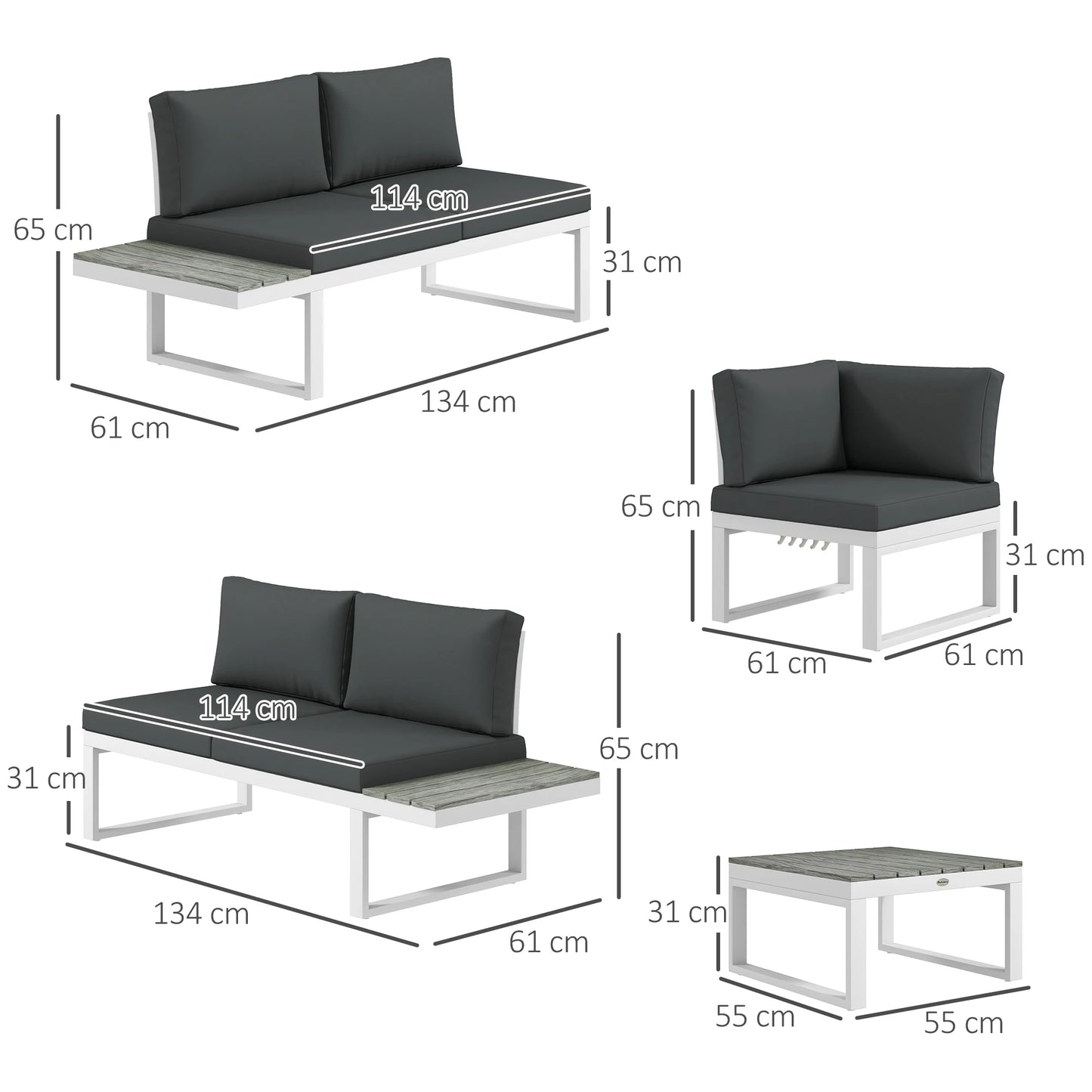 Outsunny 4 Pieces Patio Garden Set with 5-Level Recline Corner Sofa, Outdoor Garden Lounge Sectional Conversation Sofa Set