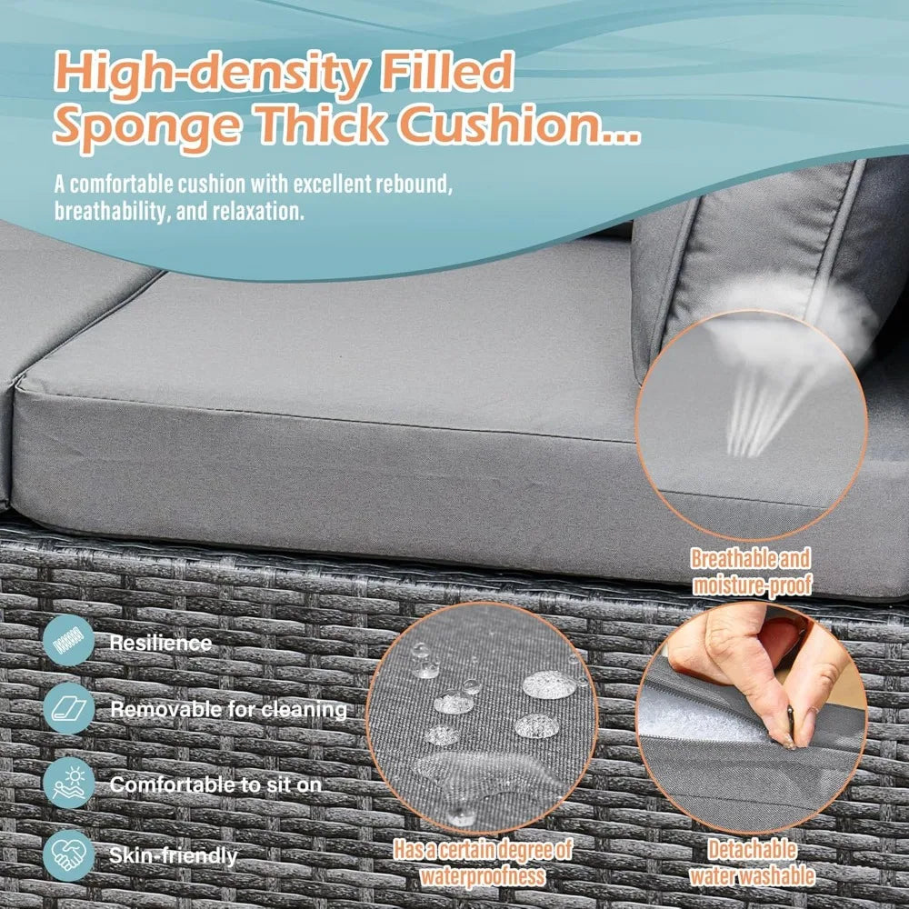 6-Seater Rattan Garden Furniture Set, Rattan Garden Corner Sofa Set, Aluminium Frame, with Glass Table, Grey