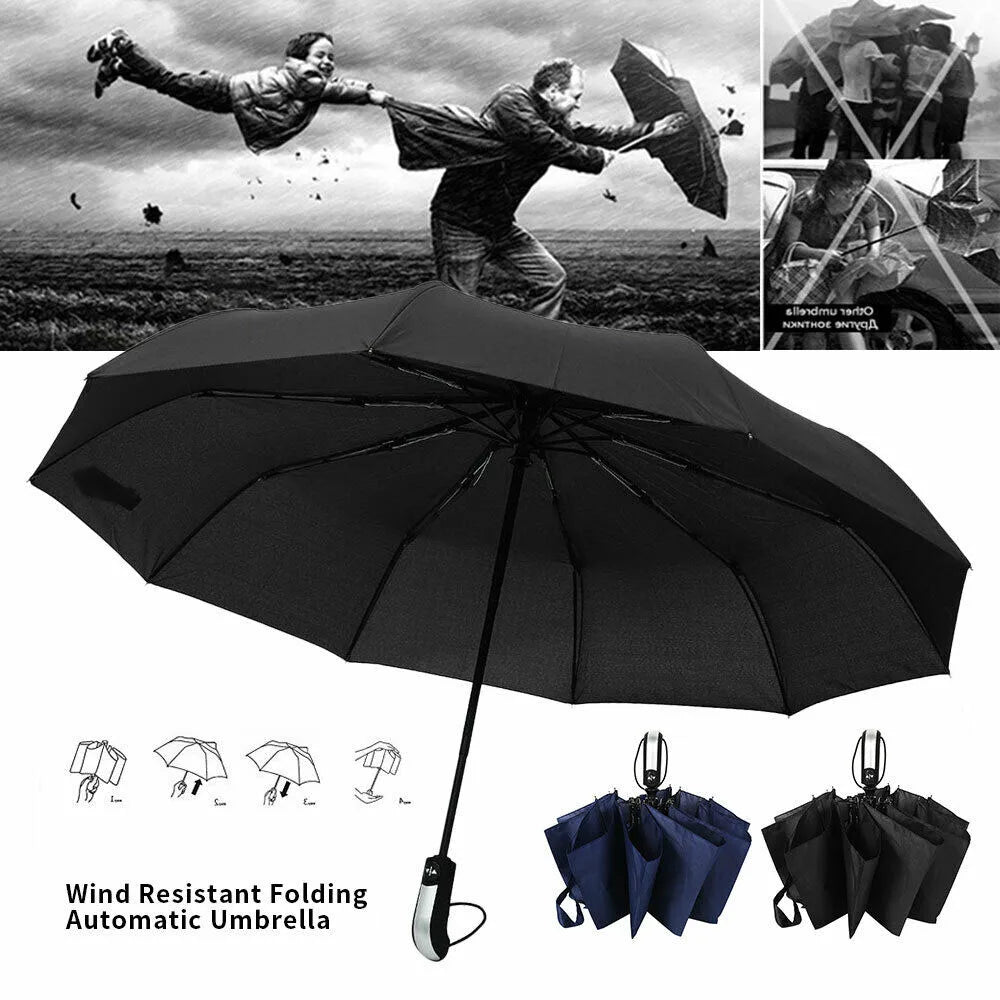 10 Ribs Portable Strong Frame Umbrella Strong Windproof Automatic Open Close Folding Umbrella Compact Travel for Men Women
