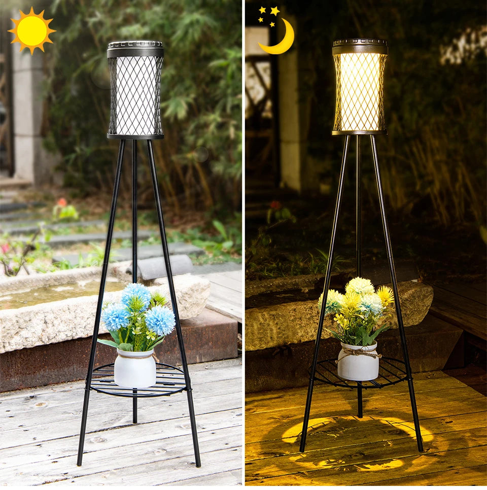 Solar Floor Lights Outdoor with Plant Stands Waterproof Street Lamps Metal Tripod Deck Landscape Lighting for Patio Porch Garden