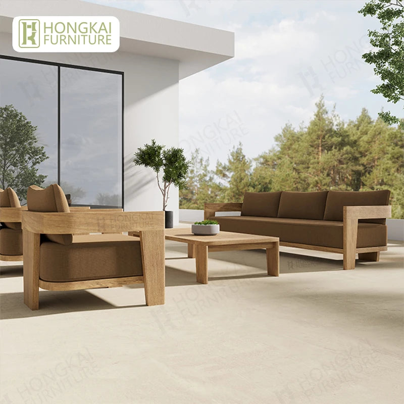 Outdoor Furniture Solid Wood Sofa and Coffee Table Set Paito Teak Sectional Sofa Teak Wood Garden Sofa Set