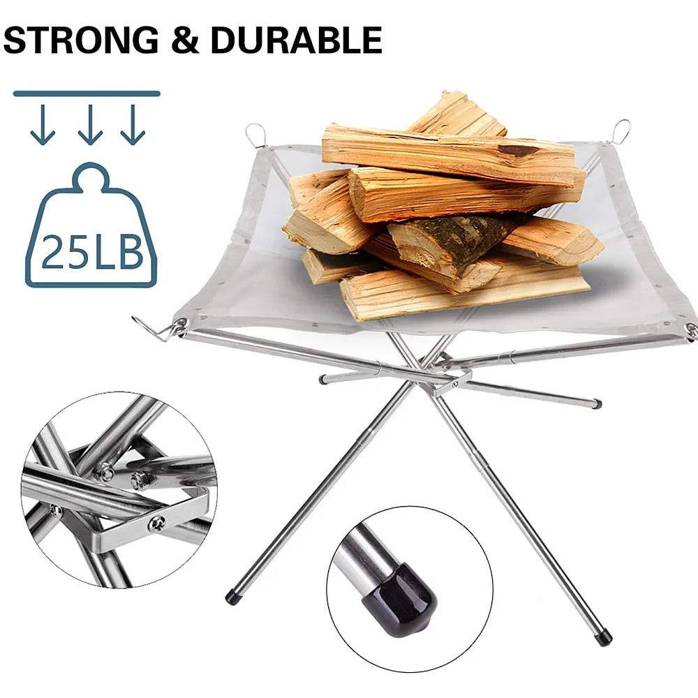 Lighten up Fire Pit Burning Rack Camping Stainless Steel Mesh Fireplace Foldable Stove BBQ Grill Patio With Replace Grilled Net
