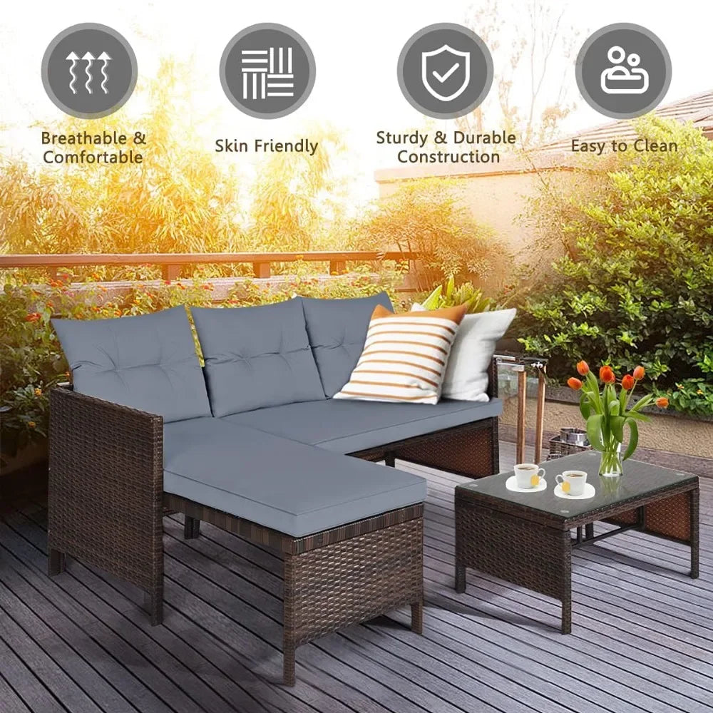 Rattan Garden Furniture Set, Outdoor L-Shaped Corner Sofa Set with Chaise Lounge, All-Weather Wicker Sectional Table Chairs