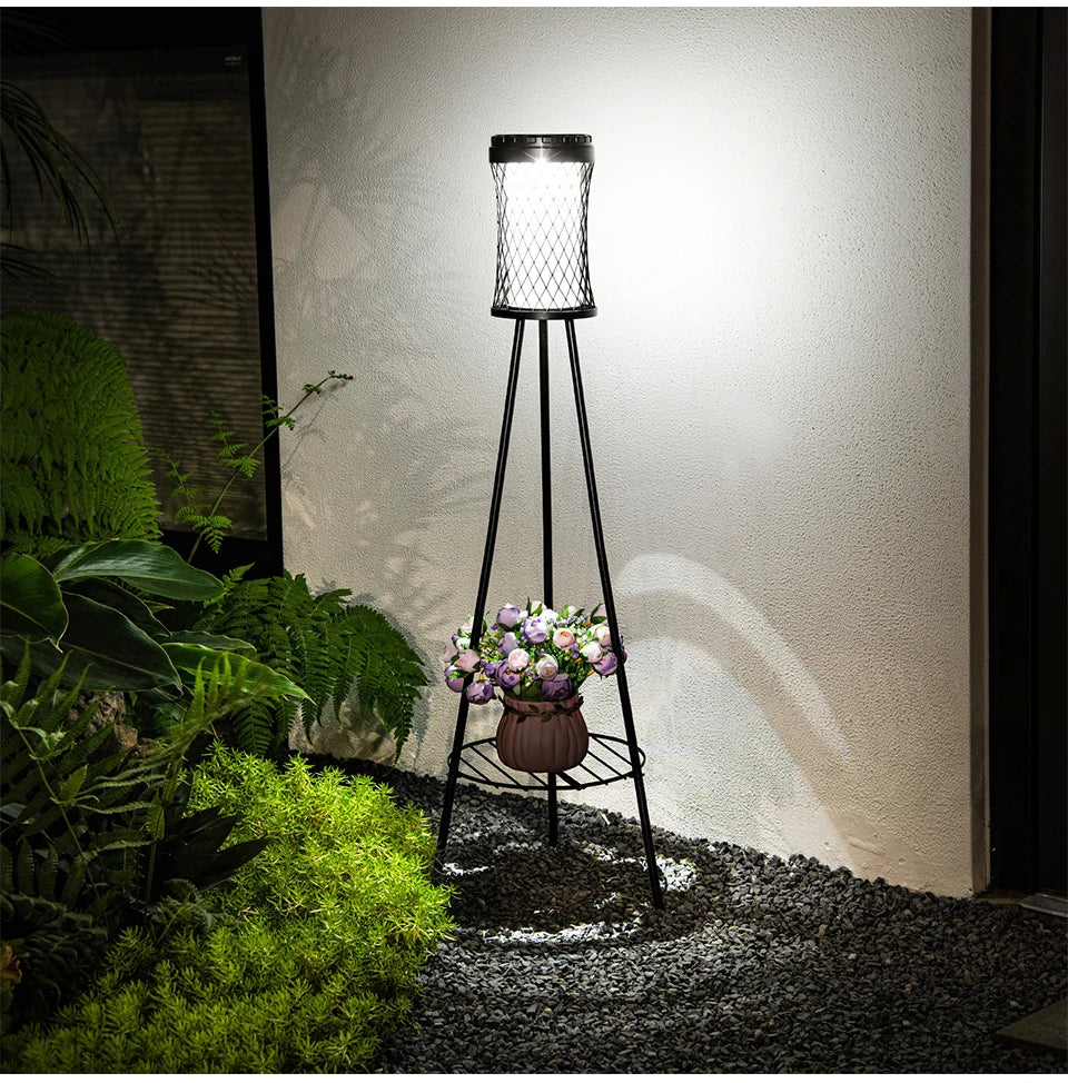 Solar Floor Lights Outdoor with Plant Stands Waterproof Street Lamps Metal Tripod Deck Landscape Lighting for Patio Porch Garden