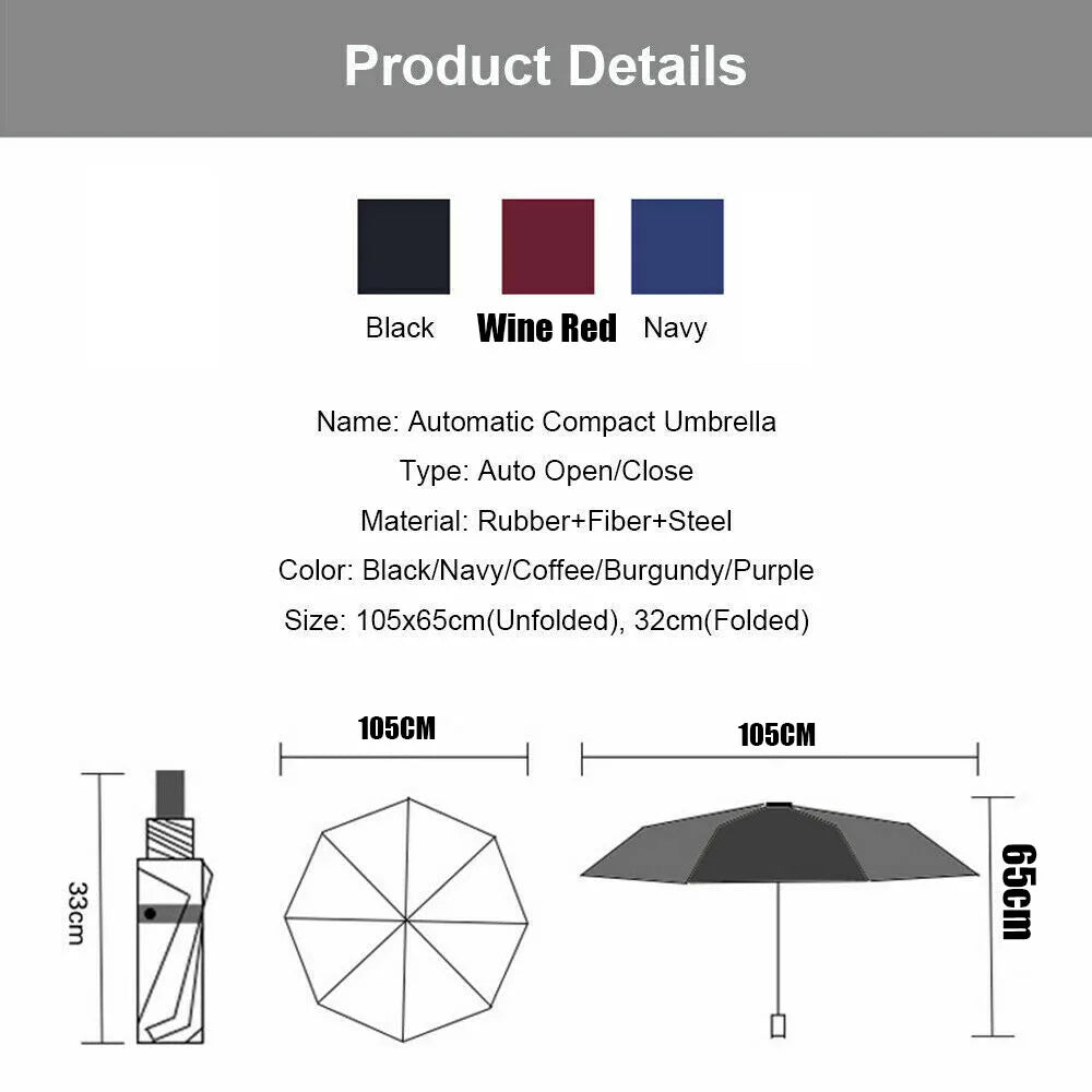 10 Ribs Portable Strong Frame Umbrella Strong Windproof Automatic Open Close Folding Umbrella Compact Travel for Men Women
