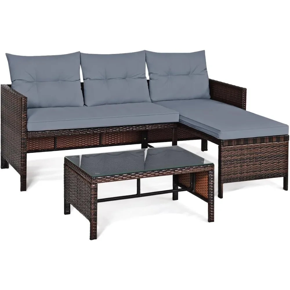 Rattan Garden Furniture Set, Outdoor L-Shaped Corner Sofa Set with Chaise Lounge, All-Weather Wicker Sectional Table Chairs