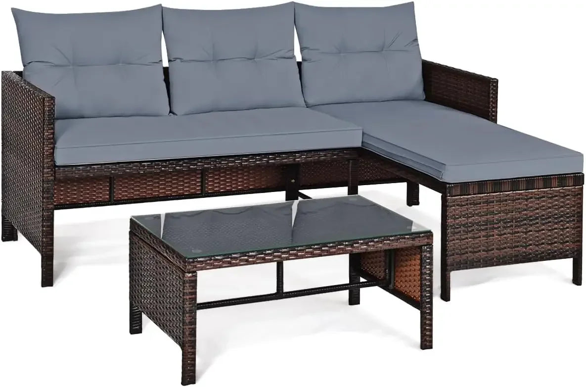 Rattan Garden Furniture Set, Outdoor L-Shaped Corner Sofa Set with Chaise Lounge, All-Weather Wicker Sectional Table Chairs