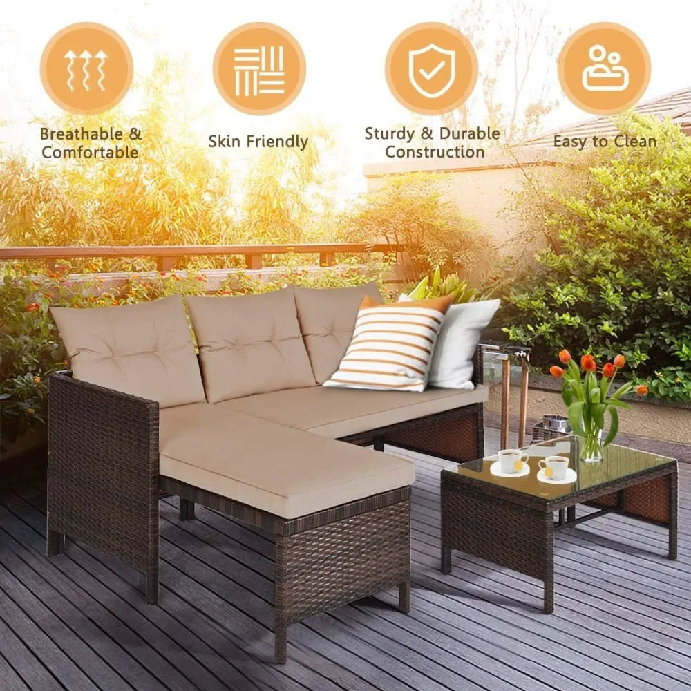 Rattan Garden Furniture Set, Outdoor L-Shaped Corner Sofa Set with Chaise Lounge, All-Weather Wicker Sectional Table Chairs