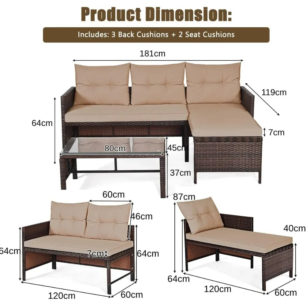 Rattan Garden Furniture Set, Outdoor L-Shaped Corner Sofa Set with Chaise Lounge, All-Weather Wicker Sectional Table Chairs