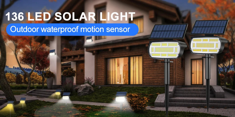 72 LED Solar Spotlights Outdoor Landscape Waterproof 108/136 LEDS Solar Powered Wall Light Auto On/Off for Yard Garden Pathway