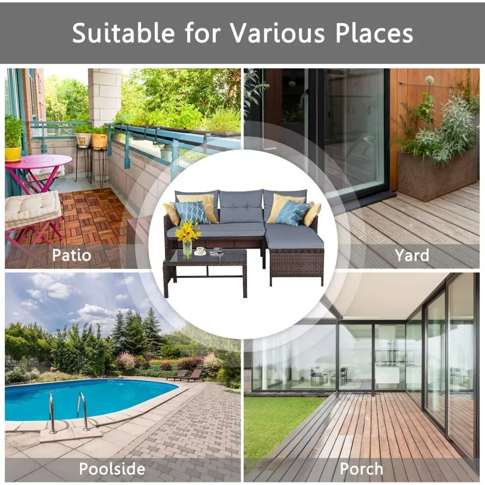 Rattan Garden Furniture Set, Outdoor L-Shaped Corner Sofa Set with Chaise Lounge, All-Weather Wicker Sectional Table Chairs
