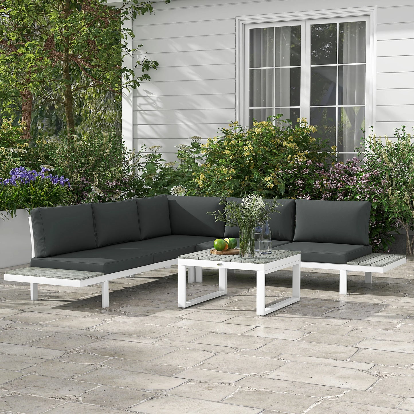 Outsunny 4 Pieces Patio Garden Set with 5-Level Recline Corner Sofa, Outdoor Garden Lounge Sectional Conversation Sofa Set