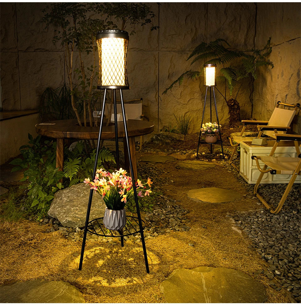 Solar Floor Lights Outdoor with Plant Stands Waterproof Street Lamps Metal Tripod Deck Landscape Lighting for Patio Porch Garden