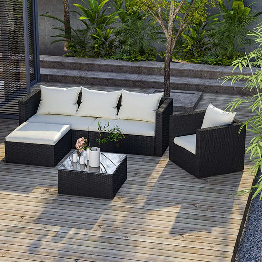 bigzzia 4pcs Patio Rattan furniture Rattan Garden Furniture Set sofa Weaving Wicker includes Armchair Double seat Sofa and table