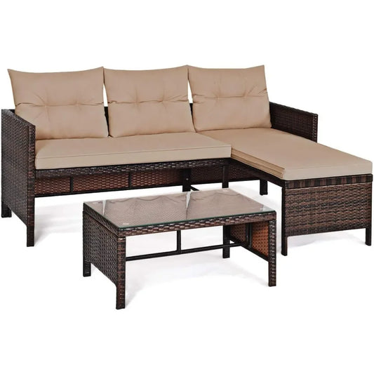 Rattan Garden Furniture Set, Outdoor L-Shaped Corner Sofa Set with Chaise Lounge,   All-Weather Wicker Sectional Table Chairs