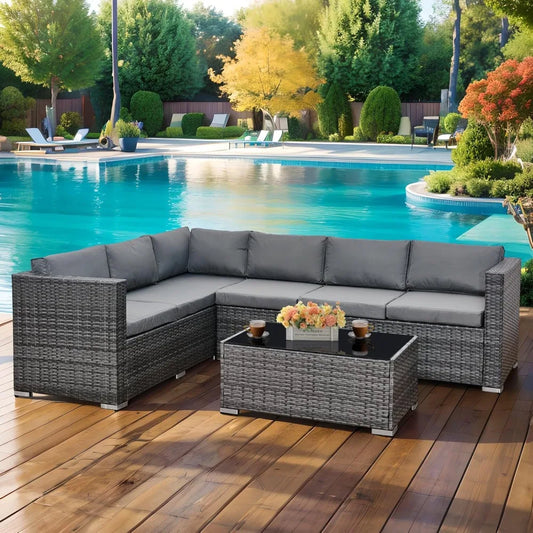6-Seater Rattan Garden Furniture Set, Rattan Garden Corner Sofa Set, Aluminium Frame, with Glass Table, Grey