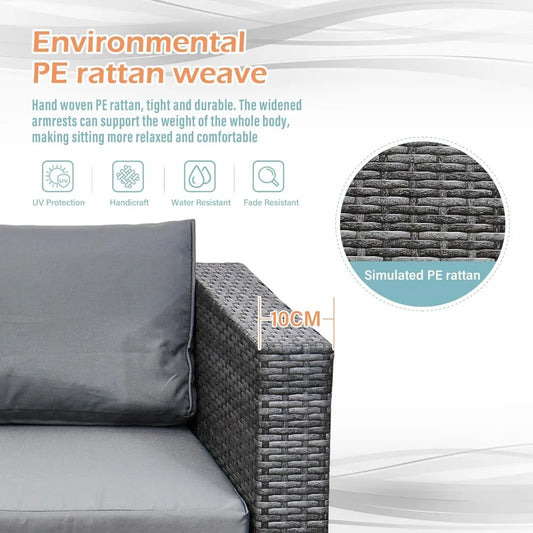 6-Seater Rattan Garden Furniture Set, Rattan Garden Corner Sofa Set, Aluminium Frame, with Glass Table, Grey